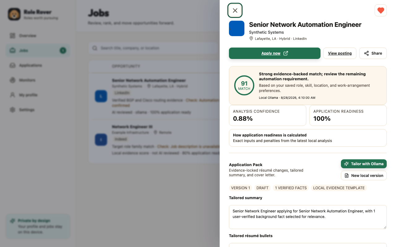 Role Rover job detail drawer showing a draft Application Pack generated from one verified fact