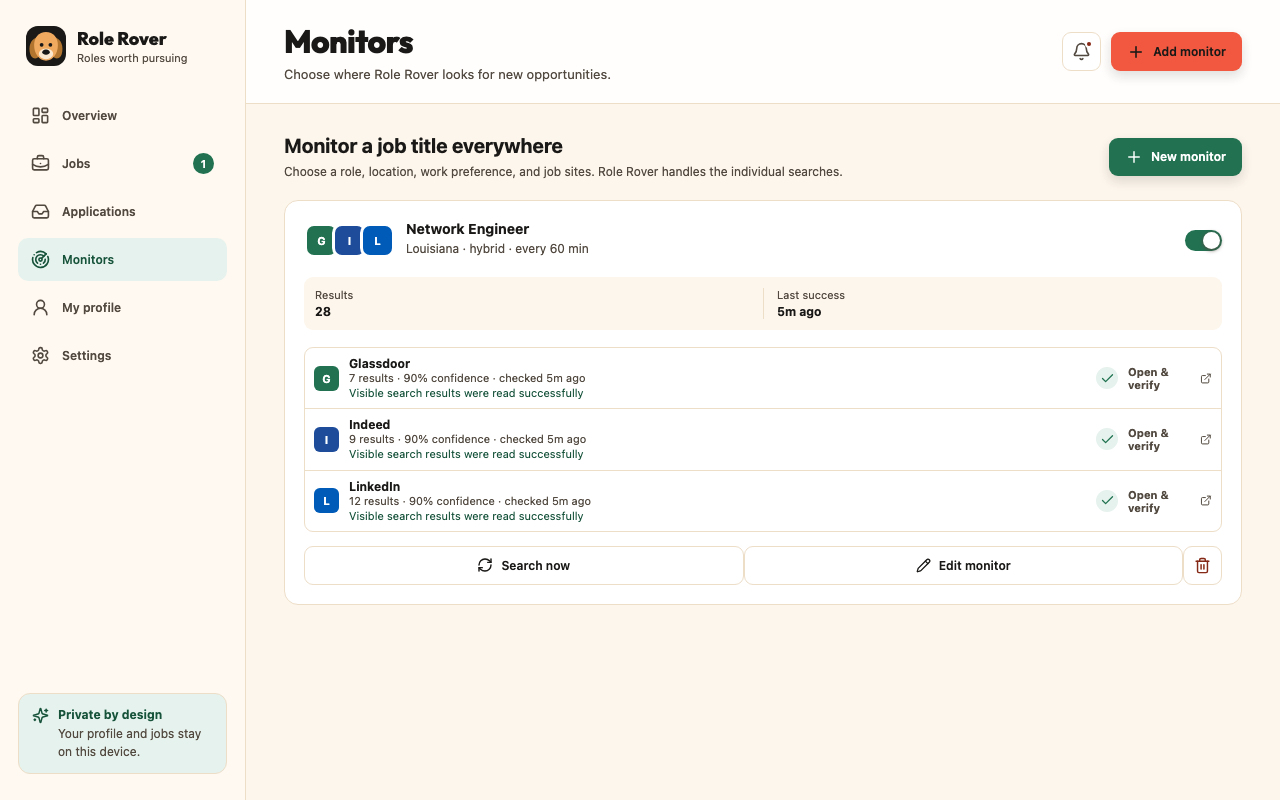 Role Rover Monitors screen showing successful LinkedIn, Indeed, and Glassdoor searches with 28 total results and current confidence