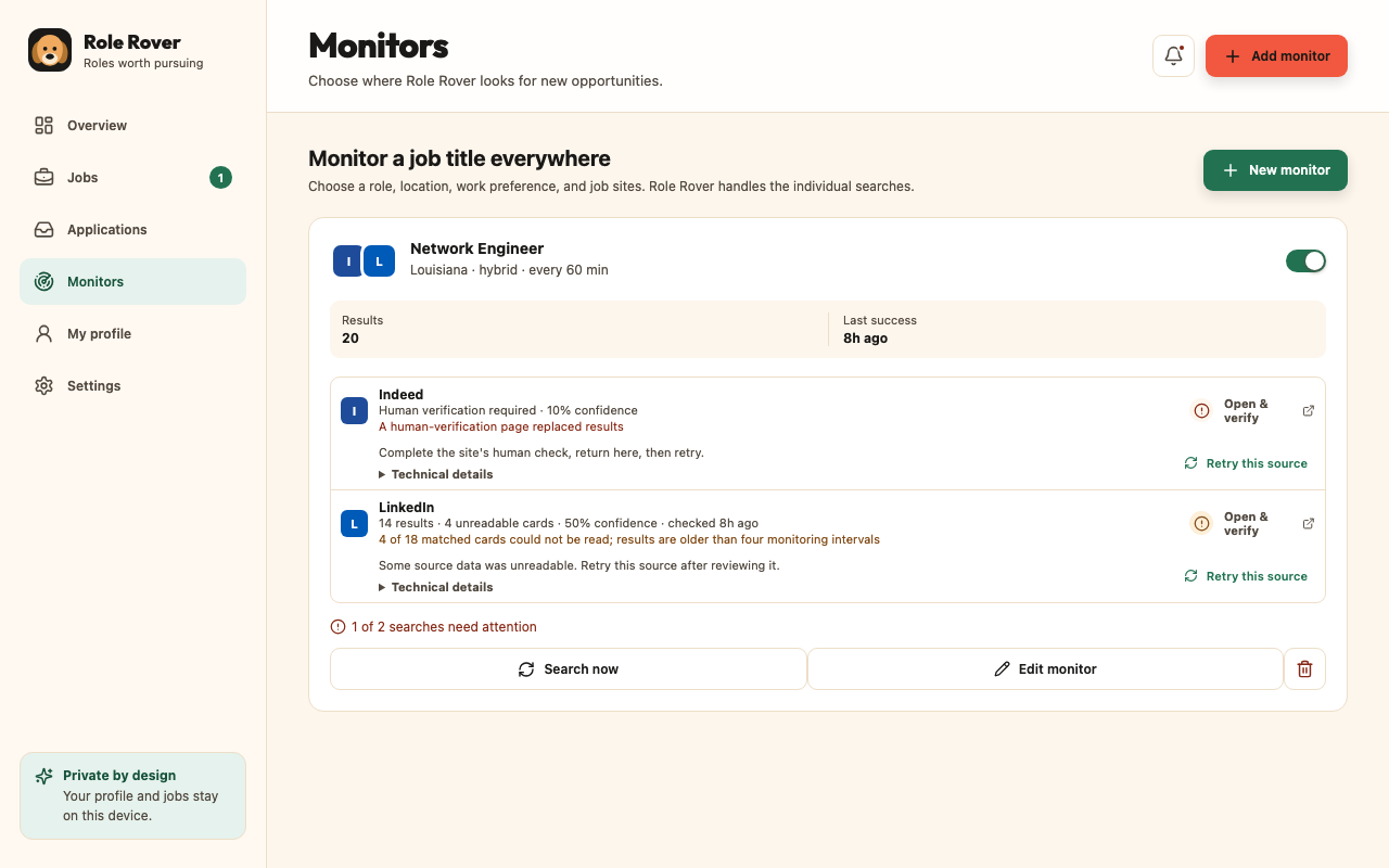 Example recovery states in Role Rover Monitors showing a partial LinkedIn result and an Indeed human-verification requirement