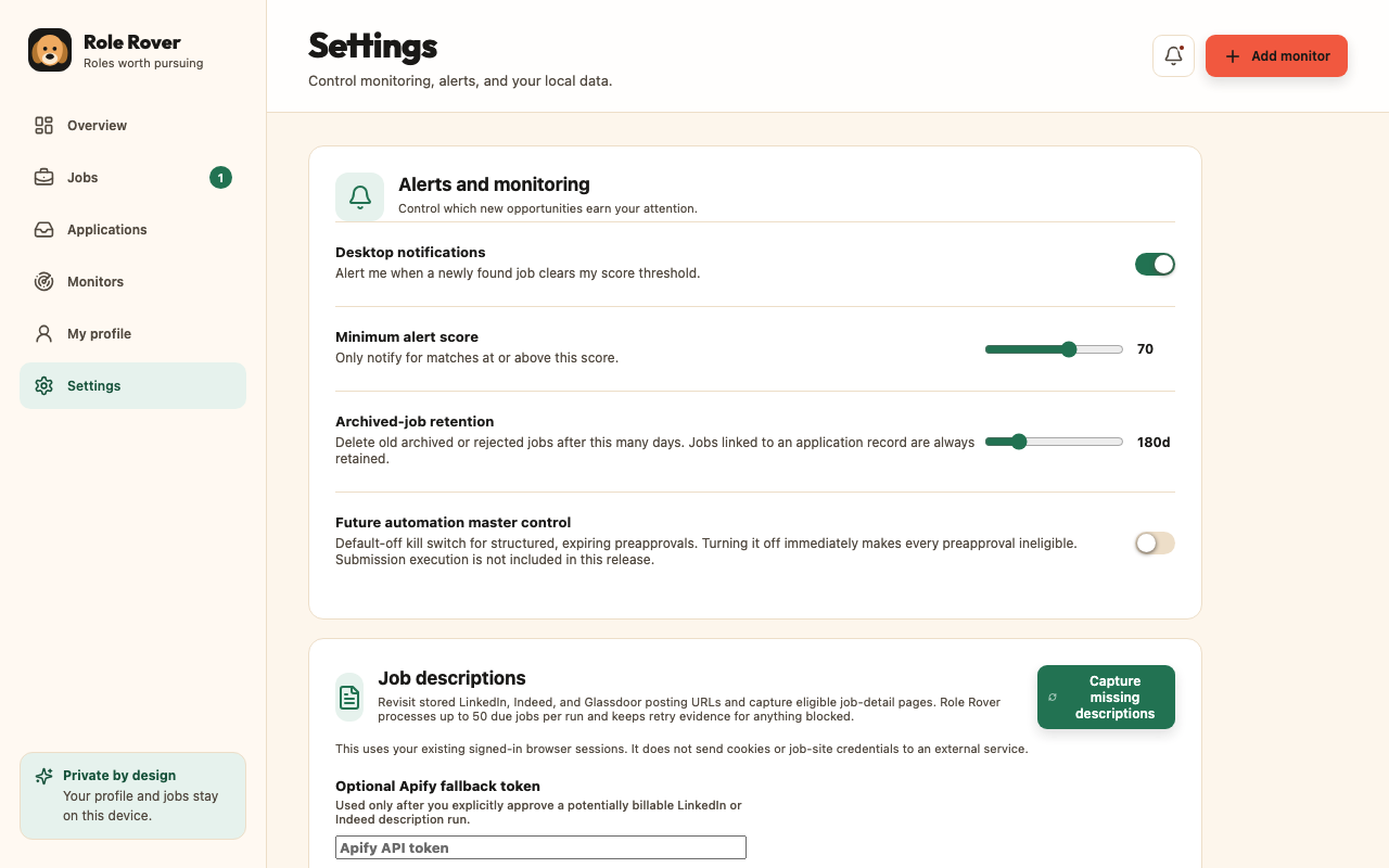 Role Rover Settings screen showing notifications, retention, future-automation off, description capture, and Apify setup
